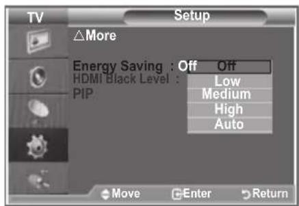 TV Setup △More Energy Saving : Off Off HDMI Black Level : PIP Low Medium High Auto Move Enter Return