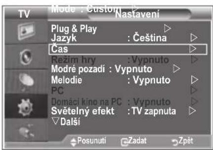 Mode : Custom Nastavení Plug & Play Jazyk : Čeština Čas Režim hry : Vypnuto Modré pozadí : Vypnuto Melodie : Vypnuto PC Domáci kino na PC : Vypnuto Světelný efekt : TV zapnuta Đalší Posunuti Zadat Zpět
