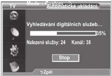 TV Mode : Custom Automatické ukládání Vyhledávání digitálních služeb... 35% Nalezené služby: 24 Kanál: 38 Stop >Zpět
