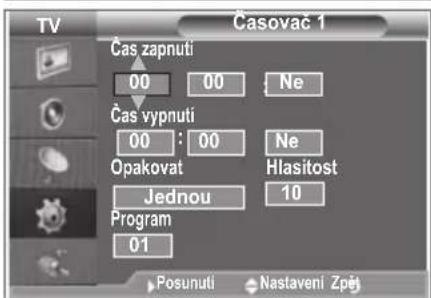 TV Čas zaptuni 00 00 Ne Čas vypnuti 00 : 00 Ne Opakovat Hlasitost Jednou 10 Program 01 Posunuti Nastavení Zpěj