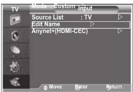 TV Mode : Custom Input Source List : TV Edit Name Anynet+(HDMI-CEC) Move Enter Return
