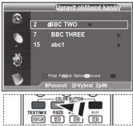 Upravit oblibené kanály 2 BBC TWO * 7 BBC THREE * 15 abc1 Přídal Posunuti Naher Dstrani Posunuti Vybrat Zpět COLOR BUTTON TEXT/MIX PSIZE PIP E0 E0 E0