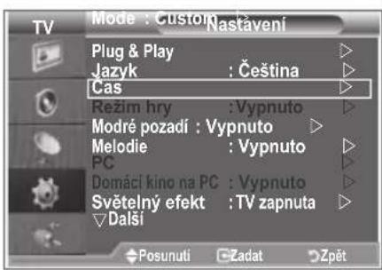 Mode : Custom Nastavení Plug & Play Jazyk : Čeština Cas Režim hry : Vypnuto Modré pozadí : Vypnuto Melodie : Vypnuto PC Domáci kino na PC : Vypnuto Světelný efekt : TV zapnuta Dalši Posunuti Zadat Zpět