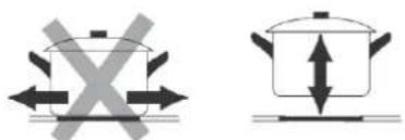 Diagram showing two cooking or heating symbols: a crossed pot and a pot with opposing arrows, both pointing left.
