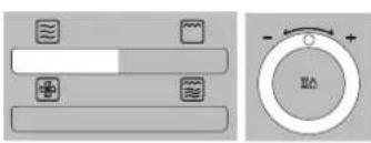 Diagram showing two UI elements: left panel with icons for water, water, and plus signs, right panel with a circular dial labeled '蓝色' (Blue) and directional arrows.