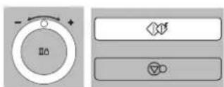 Diagram showing a circular component with directional arrows and a connector icon, alongside a separate control panel with a triangular symbol.