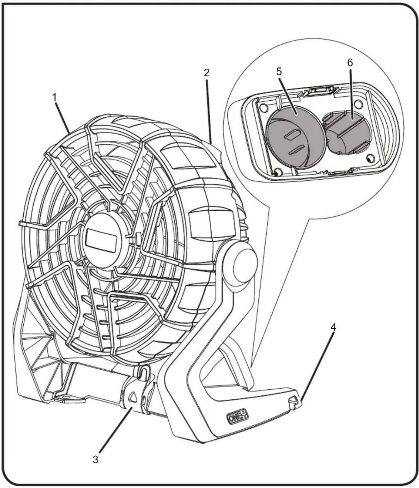Technical diagram of a fan with numbered parts and an inset view showing internal components labeled 1 through 6.