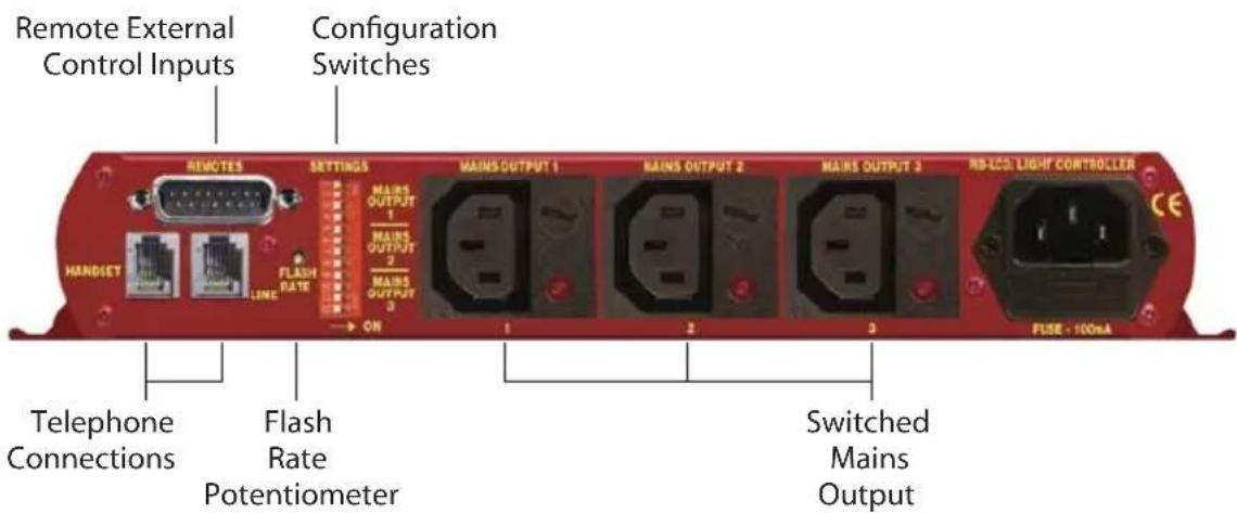 Remote External Control Inputs Configuration Switches RENOTES SETTINGS MAINS OUTPUT 1 MAINS OUTPUT 2 MAINS OUTPUT 3 MAINS OUTPUT 1 MAINS OUTPUT 2 MAINS OUTPUT 3 ND-CCOL LIGHT CONTROLLER FACE - 100mA MANDEUT LINE FLASH RATE ON 1 2 3 Telephone Connections Flash Rate Potentiometer Switched Mains Output