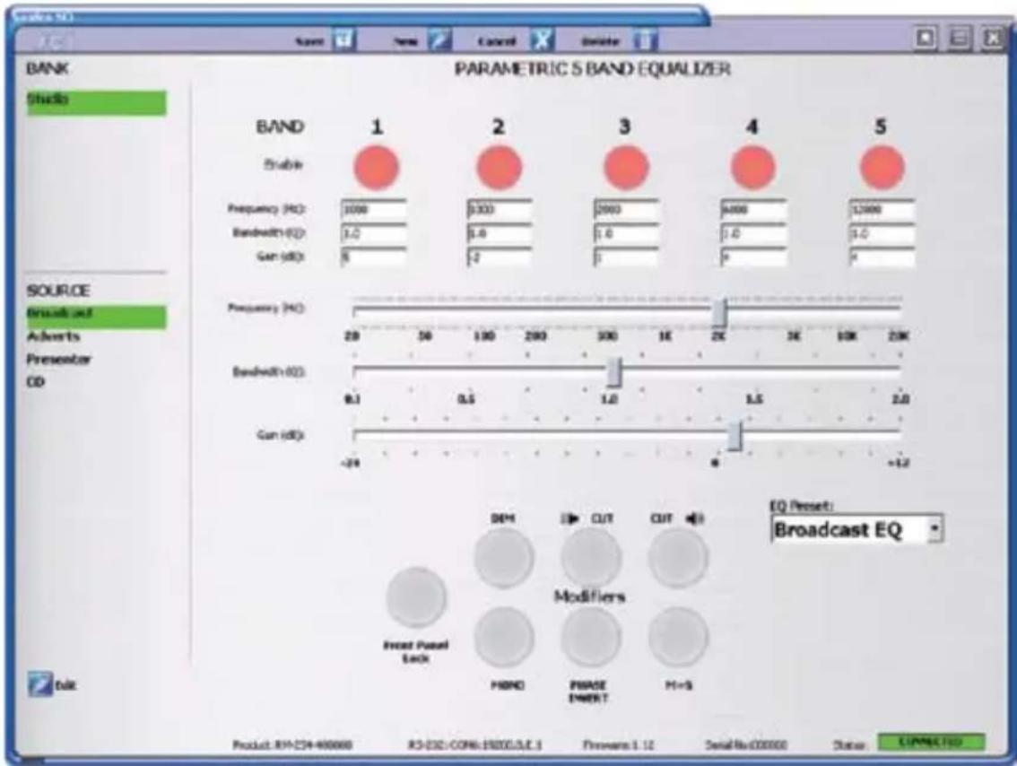 PARAMETRIC 5 BAND EQUALIZER BANK Shells SOURCE Brush and Adverts Presenter CD BAND 1 2 3 4 5 Disable Frequency (Hz): 1000 Bandwidth (E): 1.0 Gain (dB): 8 Frequency (Hz): 28 50 100 200 300 1K 2K 3K 10K 20K Bandwidth (Hz): 0.1 0.5 1.0 1.5 2.0 Gain (dB): -24 8 +1.2 EQ Preset: Broadcast EQ Product: R9-234-666666 RC-232-CON6-28200JLE.3 Prowers: 1.12 Serial No:000000 Status: CONNECTED Break Panel Back PHAND PHASE EMERT PH=5