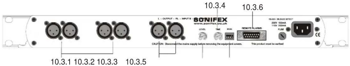 L - OUTPUT - RL - INPUT B - SNIFEX www.sonifex.co.uk 10.3.4 10.3.6 CAUTION: Disconnect the mains supply before removing the equipment covers. This product must be earthed 10.3.1 10.3.2 10.3.3 10.3.5 BONIFEX LEVEL TIME NCUE REMOTE ALARMS 230V 100mA 115V 200mA FUSE CE