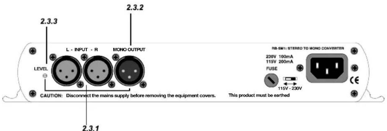 2.3.3 L - INPUT - R MONO OUTPUT LEVEL CAUTION: Disconnect the mains supply before removing the equipment covers. 2.3.1 2.3.2 RB-SM1: STEREO TO MONO CONVERTER 230V 100mA 115V 200mA FUSE 115V - 230V This product must be earthed