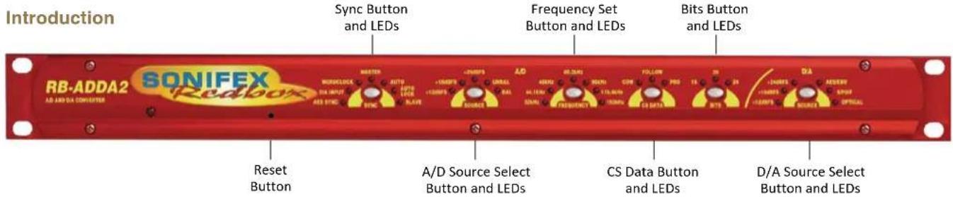 Introduction RB-ADDA2 SONIFEX AD AND DA CONVERTER Sync Button and LEDs Frequency Set Button and LEDs Bits Button and LEDs Reset Button A/D Source Select Button and LEDs CS Data Button and LEDs D/A Source Select Button and LEDs