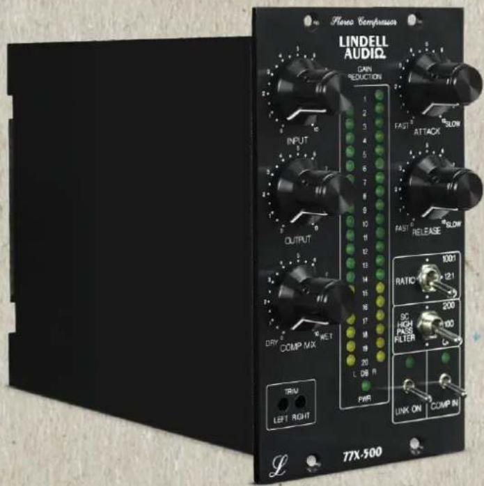 LindeLL AUDIO CANCE REDUCTION 1 2 3 4 5 6 7 8 9 10 11 12 13 14 15 16 17 18 19 20 L DB R PWR INPUT OUTPUT DRY COMP MIX NET TRIM LEFT RIGHT LINK ON COMP IN 77X-500