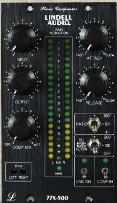 LindeLL AUDIO GAIN REDUCTION 1 2 3 4 5 6 7 8 9 10 11 12 13 14 15 16 17 18 19 20 L DB R PWR FAST 3 ATTACK 18SLOW FAST 3 RELEASE 18SLOW RATIO 100Ω 12Ω 4.1 SC HIGH PASS FILTER 200 OFF LINK ON COMP IN INPUT OUTPUT DRY COMP MIX WET TRIM LEFT RIGHT L 77X-500