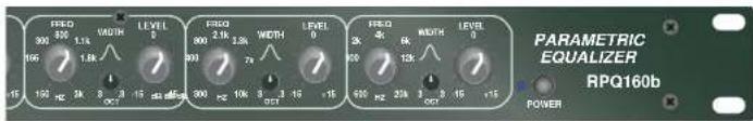 FREQ 300 850 1.1k 16K 1.8k LEVEL 0 FREQ 2.1k 3.5k 800 7k WIDTH 10k LEVEL 0 FREQ 4k 6k 900 12k WIDTH 10k LEVEL 0 PARAMETRIC EQUALIZER RPQ160b POWER