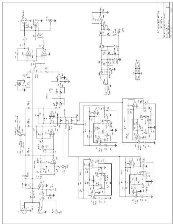 Electrical circuit diagram with labeled components and connections, including transistors, resistors, capacitors, and switches.
