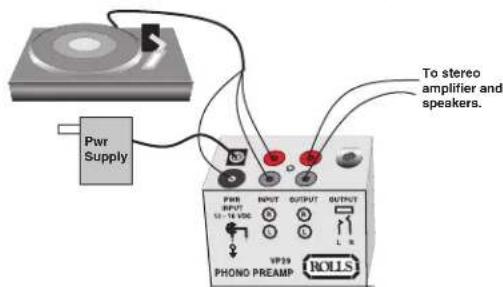 Pwr Supply To stereo amplifier and speakers. PWR INPUT OUTPUT OUTPUT 12 - 14 VDC VP39 PHONO PREAM ROLLS