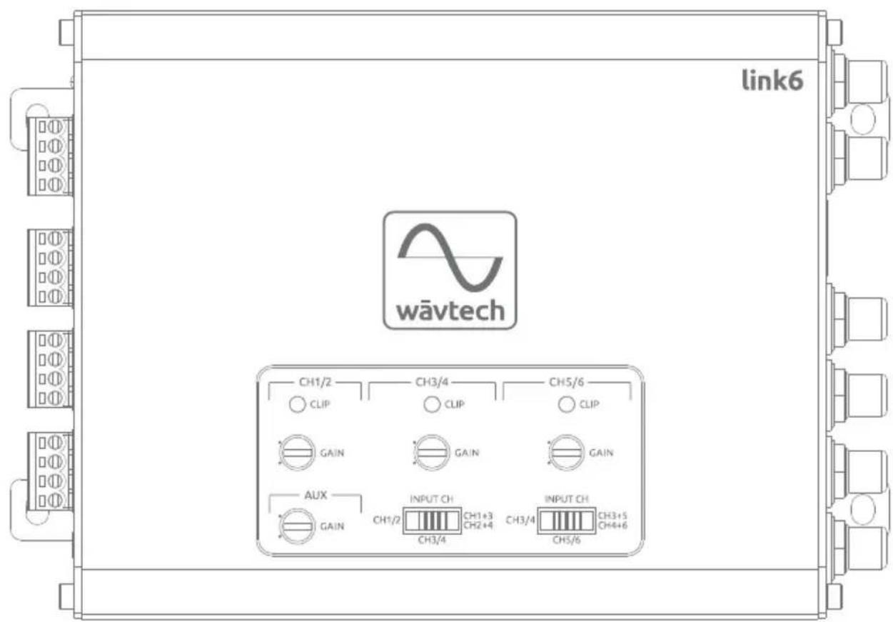 link6 wāvtech CH1/2 CH3/4 CH5/6 CLIP CLIP CLIP GAIN GAIN GAIN AUX INPUT CH INPUT CH GAIN CH3/4 CH3/4 CH3/4 CH3/6 CH3+5 CH4+6