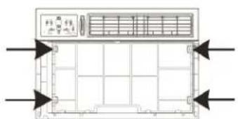 Diagram of an air conditioner unit with labeled control panel and directional arrows indicating airflow or movement.