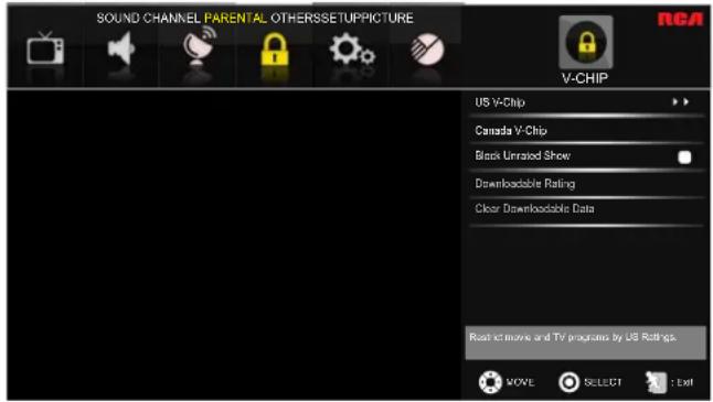 SOUND CHANNEL PARENTAL OTHERSSETUPPICTURE V-CHIP US V-Chip Canada V-Chip Black Unrated Show Downloadable Rating Clear Downloadable Data Read it more and TV programs by US Ratings MOVE SELECT : Exit