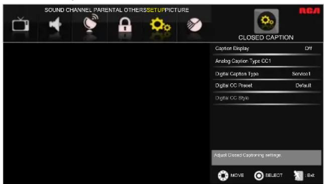 SOUND CHANNEL PARENTAL OTHERSSETUPPICTURE CLOSED CAPTION Caption Display Off Analog Caption Type CC1 Digital Caption Type Sctions1 Digital CC Preset Default Digital CC Style Adjust Closed Captioning settinger MOVE SELECT OK