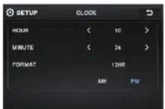 SETUP CLOCK HOUR < 10 > MINUTE < 26 > FORMAT 129R AM PM