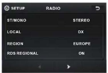 SETUP RADIO ST/MONO STEREO LOCAL DX REGION EUROPE RDS REGIONAL ON