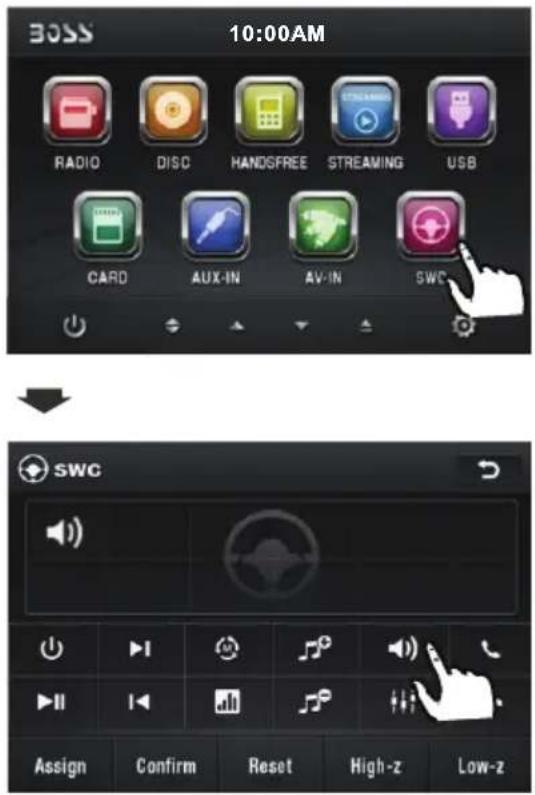 BOSS 10:00AM RADIO DISC HANDSFREE STREAMING USB CARD AUX-IN AV-IN SWC SWC Assign Confirm Reset High-z Low-z