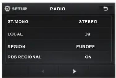 SETUP RADIO ST/MONO STEREO LOCAL DX REGION EUROPE RDS REGIONAL ON