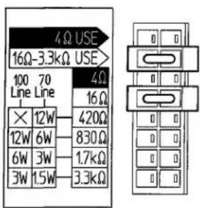 4Ω USE 16Ω-3.3kΩ USE> 100 70 4Ω Line Line × 12W 420Ω 12W 6W 830Ω 6W 3W 1.7kΩ 3W 1.5W 3.3kΩ