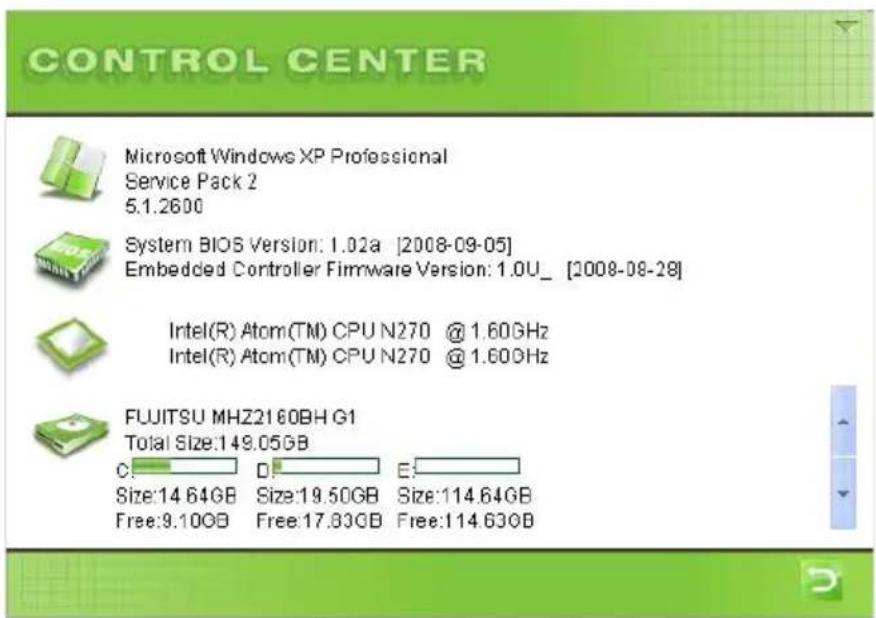 CONTROL CENTER Microsoft Windows XP Professional Service Pack 2 5.1.2600 System BIOS Version: 1.02a [2008-09-05] Embedded Controller Firmware Version: 1.0U_ [2008-08-28] Intel(R) Atom(TM) CPU N270 @ 1.60GHz Intel(R) Atom(TM) CPU N270 @ 1.60GHz FUJITSU MHZ2160BH G1 Total Size:149.05GB C: D: E: Size:14.64GB Size:19.50GB Size:114.64GB Free:9.10GB Free:17.83GB Free:114.630B