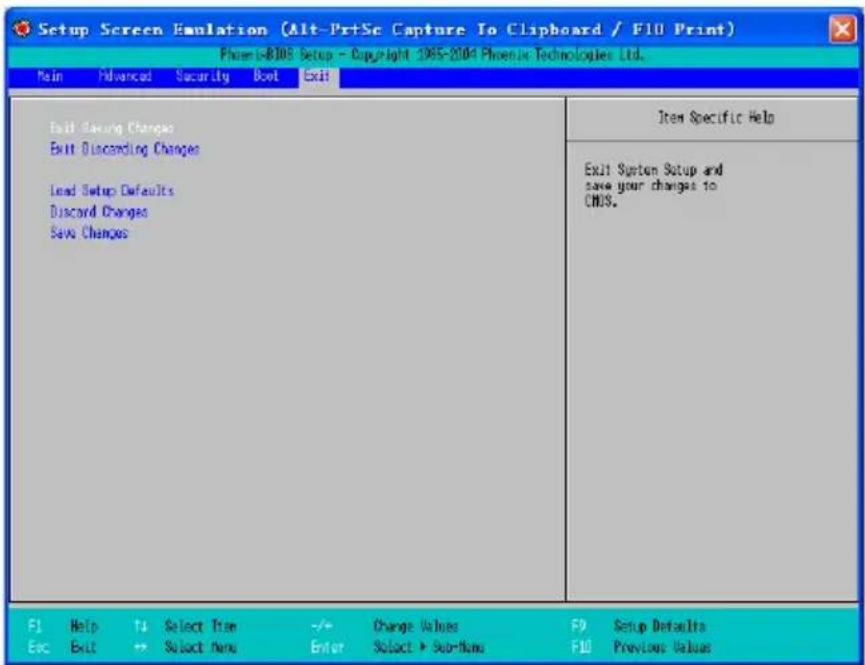 Setup Screen Emulation (Alt-Pr+Sc Capture To Clipboard / F10 Print) Phen: 5-8108 Setup - Copyright 1985-2004 Phoenix Technologies Ltd. Main Advanced Security Boot Exit Exit Closing Changes Exit Discarding Changes Lead Setup Defaults Discord Changes Save Changes Item Specific Help Exit System Setup and save your changes to CNDS. F1 Help T4 Select Train -/+ Change Values F9 Setup Defaults Esc Exit → Select New Enter Select ▶ Sub-Menu F10 Previous Values