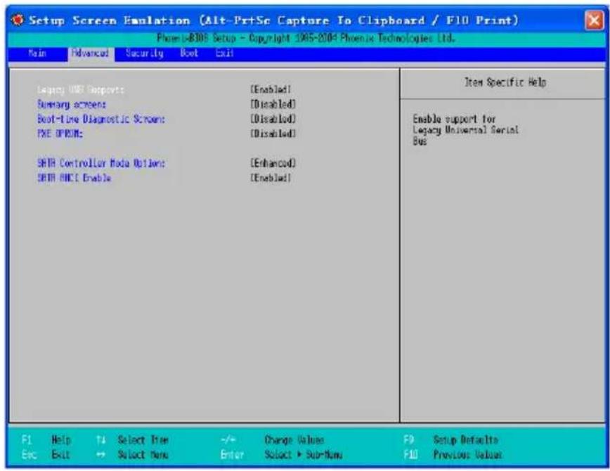 Setup Screen Emulation (Alt-Pr+Se Capture To Clipboard / F10 Print) Phoenix 800 Setup - Copyright 1965-2004 Phoenix Technologies Ltd. Main Advanced Security Boot Exit Legacy USB Supports: [Enabled] Summary screens: [Disabled] Boot-line Diagnostic Screen: [Disabled] FXE OFFDM: [Disabled] SPTR Controller Mode Options: [Enhanced] SPTR HCI Enable: [Enabled] Item Specific Help Enable support for Legacy Universal Serial Bus F1 Help ↑ Select Tree -/+ Change Values F9 Setup Defaults Esc Exit → Select New Enter Select ▶ Sub-Menu F10 Previous Value
