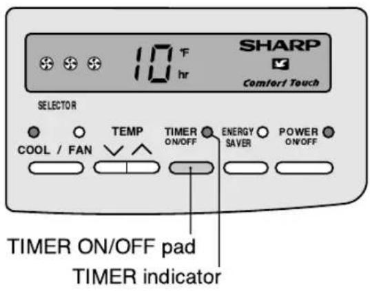 10 °F hr SHARP Comfort Touch SELECTOR COOL / FAN TEMP TIMER ON/OFF ENERGY SAVER POWER ON/OFF TIMER ON/OFF pad TIMER indicator
