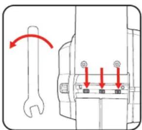 Technical diagram showing a wrench and screw assembly with red arrows indicating rotation or adjustment points.