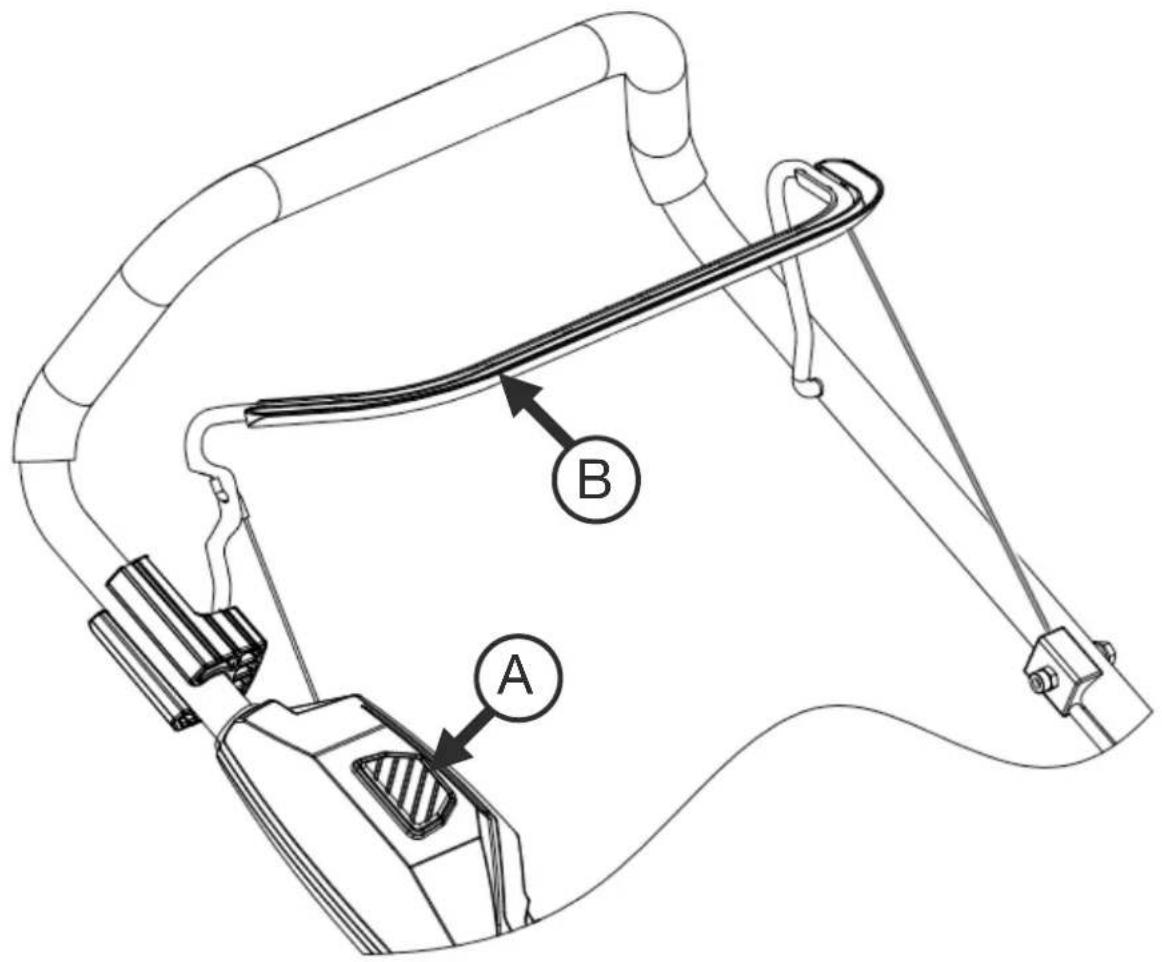Technical diagram of a mechanical device with labeled parts A and B, showing internal components and connections.
