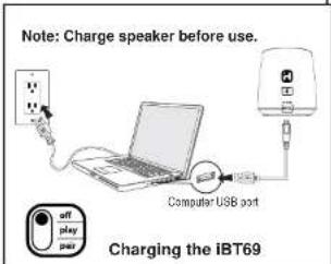 Note: Charge speaker before use. Computer USB port off play pair Charging the iBT69