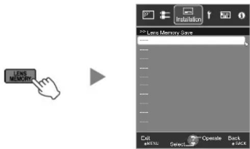LENS MEMORY Installation >> Lens Memory Save Exit OK/Cancel Select Operate Back +/- OK/Cancel