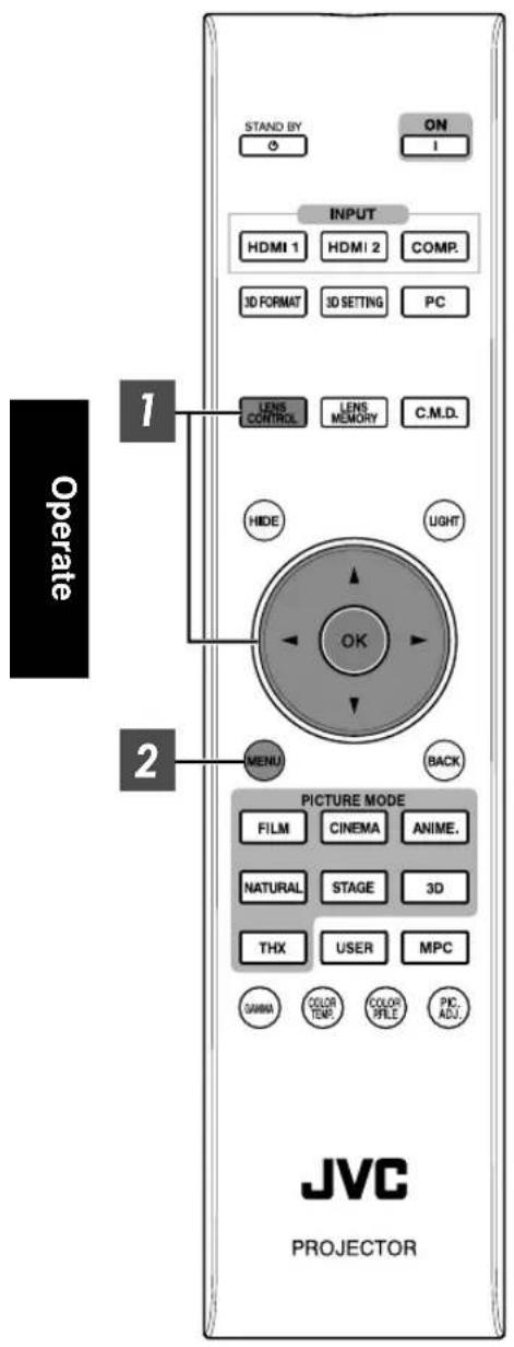 STAND BY ON I INPUT HDMI 1 HDMI 2 COMP. 3D FORMAT 3D SETTING PC LENS CONTROL LENS MEMORY C.M.D. HIDE LIGHT OK MENU BACK 2 PICTURE MODE FILM CINEMA ANIME. NATURAL STAGE 3D THX USER MPC GARMA COLOR TEMP COLOR FILE PKC ADJ. JVC PROJECTOR