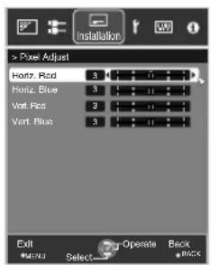 Installation > Pixel Adjust Hertz, Red 3 Hertz, Blue 3 Vert. Red 2 Vert. Blue 3 Exit Select Operate Back