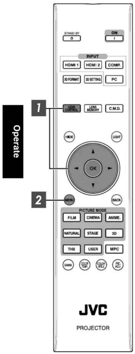 STAND BY ON I INPUT HDMI 1 HDMI 2 COMP. 3D FORMAT 3D SETTING PC LENS CONTROL LENS MEMORY C.M.D. HIDE LIGHT OK MENU BACK 2 PICTURE MODE FILM CINEMA ANIME. NATURAL STAGE 3D THX USER MPC GAMMA COLOR TEMP COLOR FILE PKC ADJ. PROJECTOR Operate