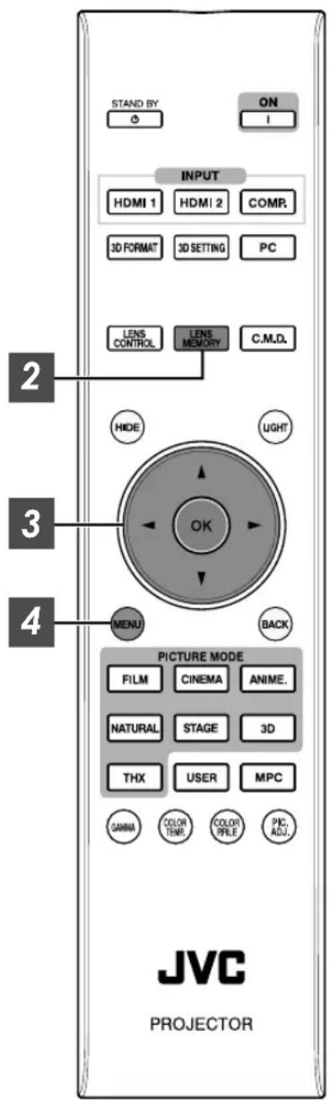 STAND BY ON I INPUT HDMI 1 HDMI 2 COMP. 3D FORMAT 3D SETTING PC LENS CONTROL LENS MEMORY C.M.D. HIDE LIGHT OK MENU BACK PICTURE MODE FILM CINEMA ANIME. NATURAL STAGE 3D THX USER MPC CAMINA COLOR TEMP COLOR FILE PRC ADJ... JVC PROJECTOR