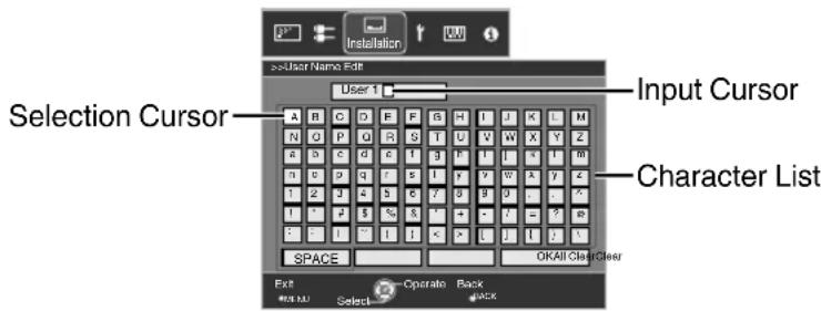 Selection Cursor Input Cursor Character List User 1 SPACE OK All Clear Clear Exit Operato Back RUS MU Select BACK