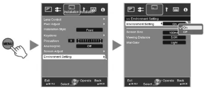 MENU Installation Installation Lens Control Pixel Adjust Installation Style Front Keystone Pincussion Anamorphic Off Screen Adjust Environment Setting Exit Select Enter Operate Back -> Environment Setting Environment Setting On Screen Size 100% Viewing Distance 3.0% Wall Color Light Exit Select Operate Back