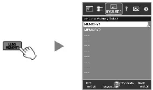 LENS MEMORY -> Lens Memory Select MEMORY1 MEMORY2 Exit #BU Select Operate Back #BUK