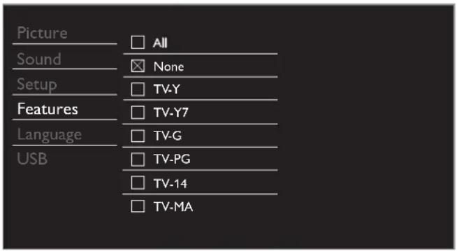 Picture Sound Setup Features Language USB All None TV-Y TV-Y7 TV-G TV-PG TV-14 TV-MA
