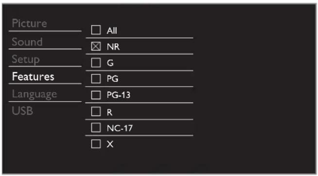 Picture Sound Setup Features Language USB All NR G PG PG-13 R NC-17 X