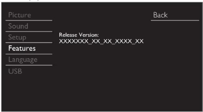 Picture Sound Setup Features Language USB Back Release Version: XXXXXXXX_XX_XX_XXXX_XX