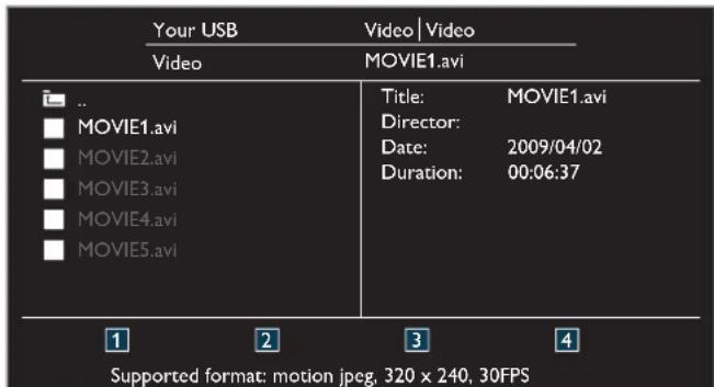 Your USB Video Video | Video Movie1.avi Movie1.avi Movie2.avi Movie3.avi Movie4.avi Movie5.avi Title: MOVIE1.avi Director: Date: 2009/04/02 Duration: 00:06:37 Supported format: motion jpeg, 320 x 240, 30FPS