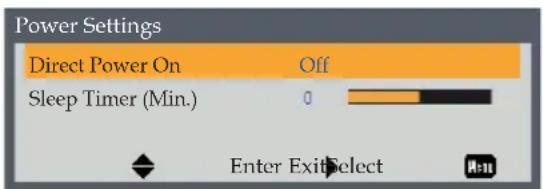 Power Settings Direct Power On Off Sleep Timer (Min.) 0 Enter ExitSelect